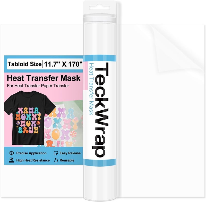 TECKWRAP قناع نقل الحرارة لورق نقل الحرارة للتي شيرتات 1 لفة، 11.7" × 170" فيلم ماسك شفاف لنقل الحرارة على الحديد لفيينيل نقل الحرارة القابل للطباعة - Image 1